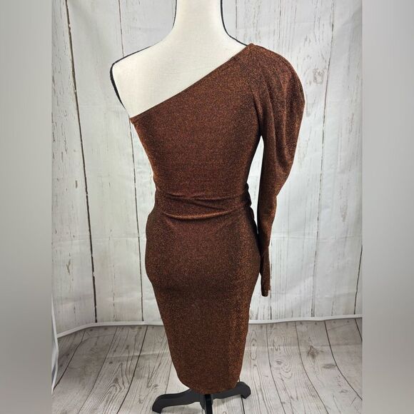 One Shoulder Gigot Sleeve Wrap Glitter Dress - Picture 3 of 6